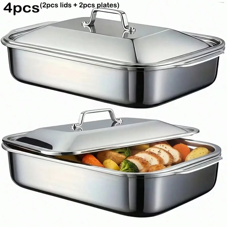 Stainless Steel Rectangular Baking Trays Set - 2-Pack Oven-Safe, Heat-Resistant Bakeware Trays Set Casserole Dishes for Home Cooking, Festive Meals