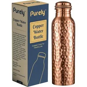 Purely Copper Water Bottle, 34 oz, Pure Copper Construction, Leak Proof, Cylindrical, Polished Finish, BPA Free