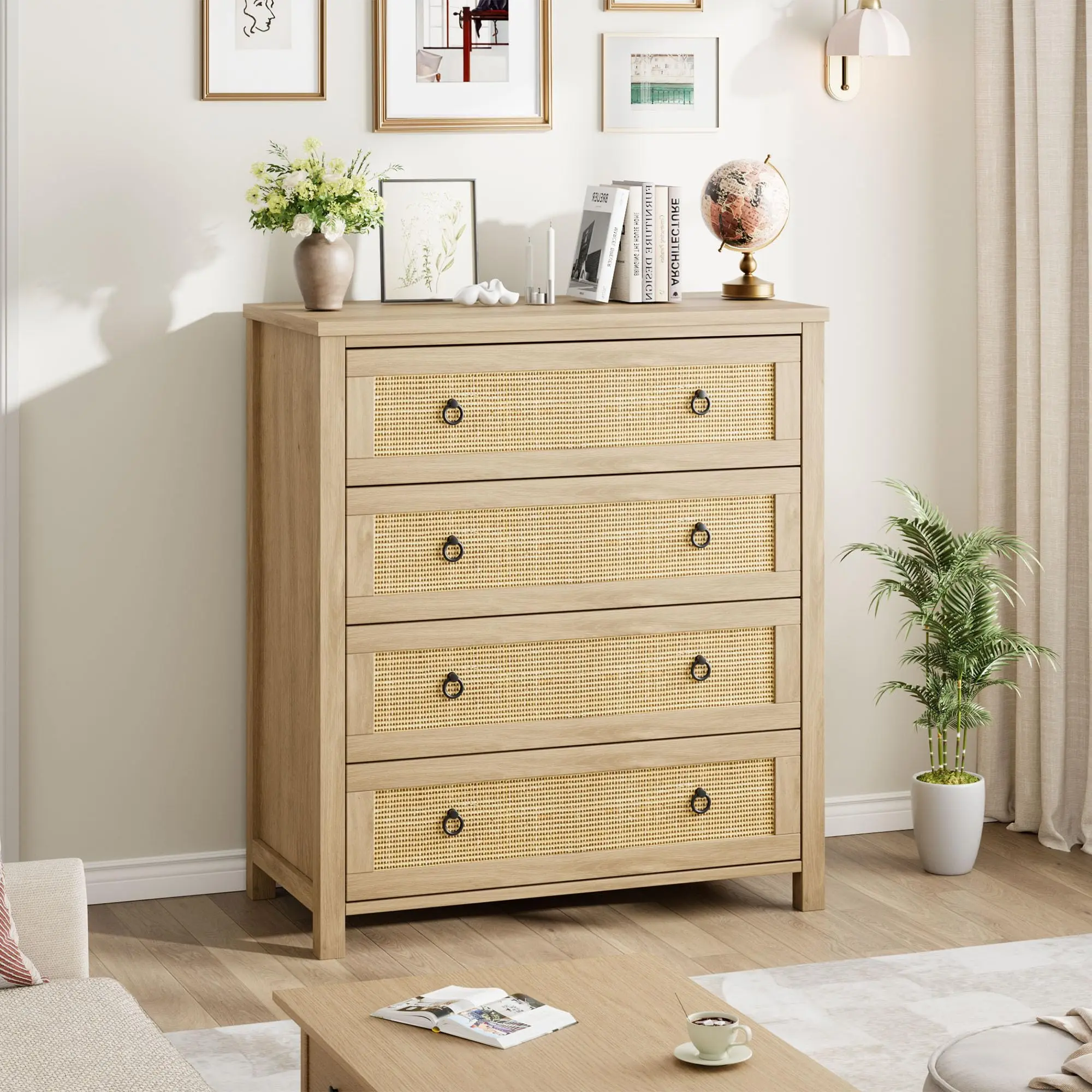 Garvee Boho Oak Rattan 4-Drawer Dresser - Stable Laminate-Waterproof Wooden Frame Floor-Mount Clothes Chest, Rectangular Storage Cabinet for Bedroom, Living Room (Various Sizes & Designs)