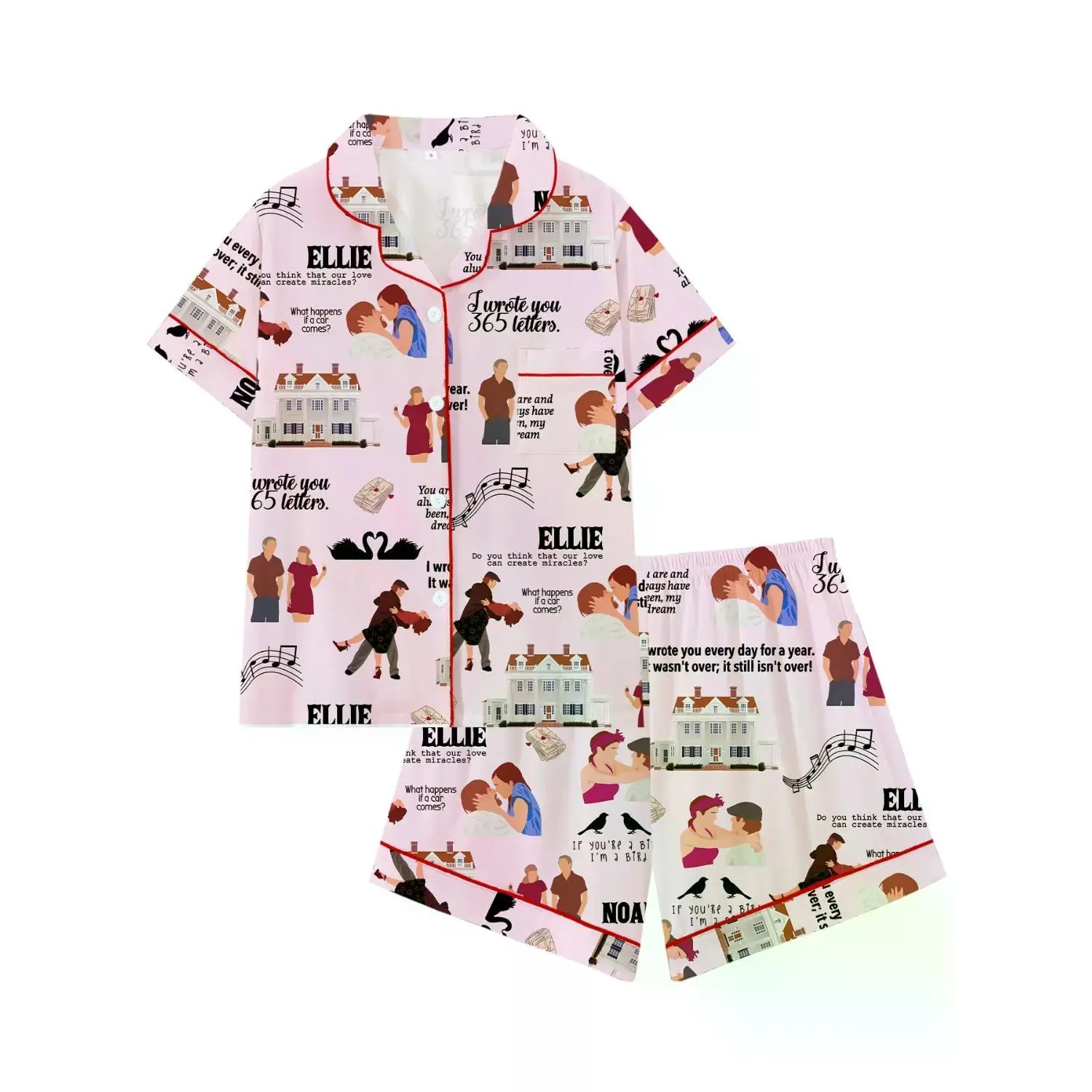 Teen Movie Themed Lapel Short Sleeve Pajama Set, Cozy All-Season Sleepwear, Loose Fit Loungewear with Geometric Pattern, Perfect Gift Idea