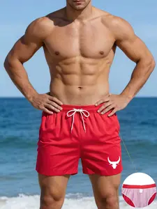 Men's Fashion Simple Printed Beach Shorts, Casual Polyester Sportswear, Minimalist Cow Head Design, Comfortable and Breathable