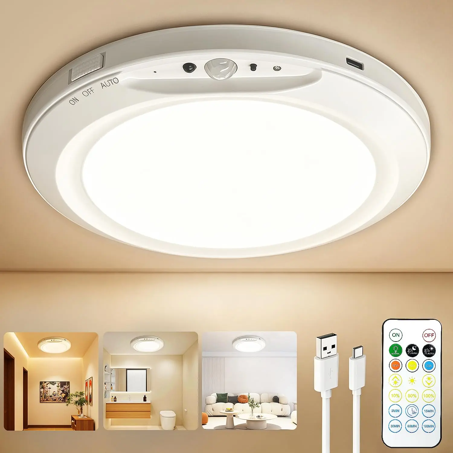 Rechargeable Plastic LED Ceiling Light Fixture , 3 Cool/Warm/Neutral Color Modes, Motion Sensor with Remote, Wireless Magnetic Battery-Operated, 50-100% Dimming, Auto Shut-Off, Charging Port for Closet, Porch