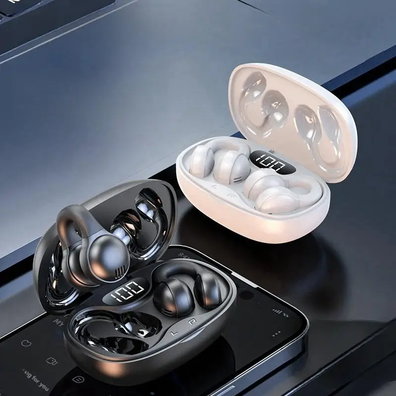 Wireless Headphones, Clip-on Design Earbuds with Power Display Charging Case, Bluetooth-compatible Earphones for Apple Samsung Mobile Phone