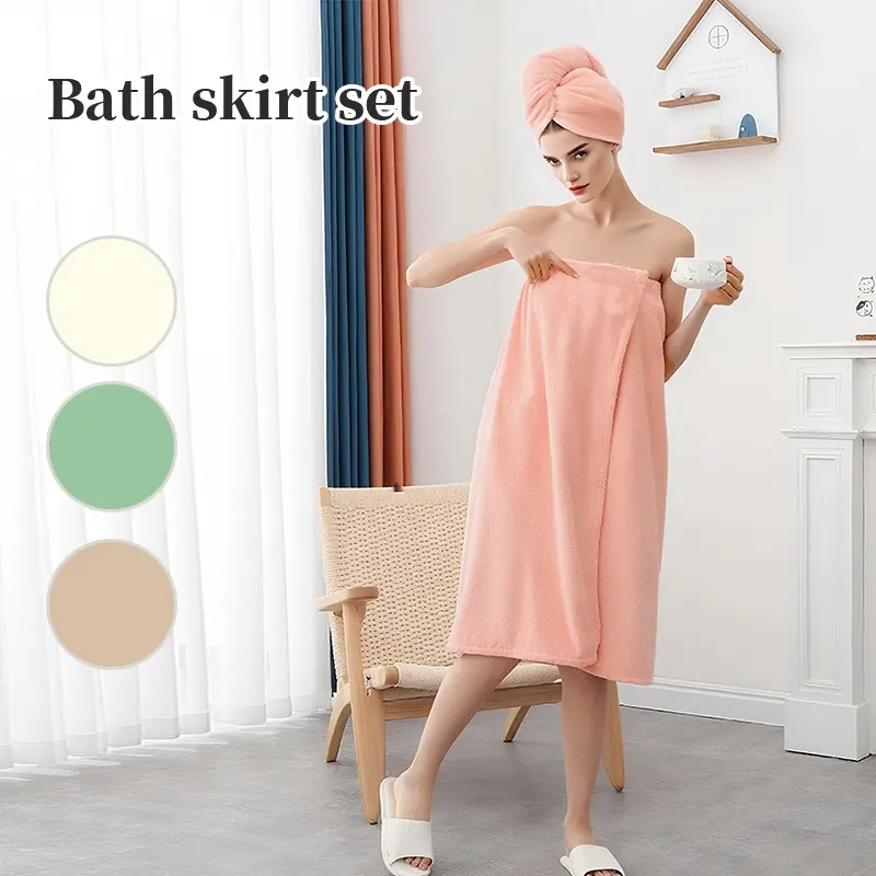 2 Pcs/Set Wearable Bath Towel Wrap & Hair Drying Cap for Women, Soft Lightweight Adjustable Shower Skirt for Home and Travel