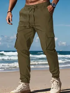 Men's Solid Color Multi-Pocket Cargo Pants, Slim Fit, Casual Street Style Jogger Trousers, Slim Cuffed Design, Versatile for Commute, Sports, Beach and Daily Casual Wear, Streetwear