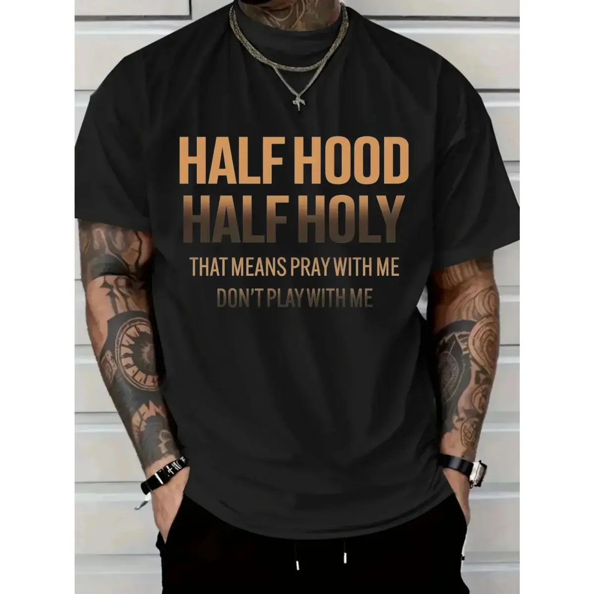 Unisex Casual Graphic Tshirt Top - "Half Hood Half Holy Pray with Me Don't Play with Me" Digital Print, White/Bold Brown Lettering, 100% Cotton Oversized Drop Shoulder Short Sleeve Round Neck, Urban Streetwear Tee, All-Season Comfort, Machine Washable