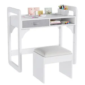 Garvee Wooden Study Desk and Chair Set in White with Spacious Cloth Drawers and Built-in Pen Holder for Organized Learning and Writing