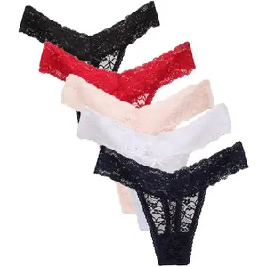Women's Lace Thongs Underwear Pack of 5 Cotton Panties Cute Light Ribbon Basic Festival Party Wear Black Navy White Red Light Pink