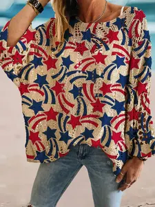 Independence Day Spring & Summer Crew Neck Diamond Hollow Batwing Sleeve Knit Cardigan, Star Print, Loose Drop Shoulder, Slim Fit, Versatile Top for Commute, Vacation and Bikini Cover Up.