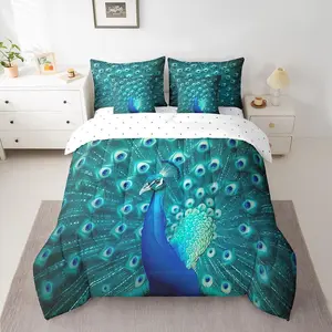 Peacock Comforter Set,7 Piece Bed in a Bag,Peacock Feather Print Bedding Set,Teal Cute Animal Pattern Sheet Set with Comforter,Flat Sheet,Fitted Sheet,2 Pillowcases,2 Throw Pillow Covers