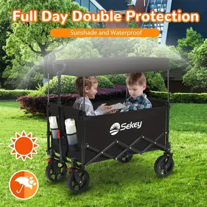 Sekey 250L Collapsible Wagon With Canopy, 330LBS Beach Foldable Wagon Cart, Heavy Duty Folding Utility Wagon With Big All-Terrain Wheels For Garden, Camping
