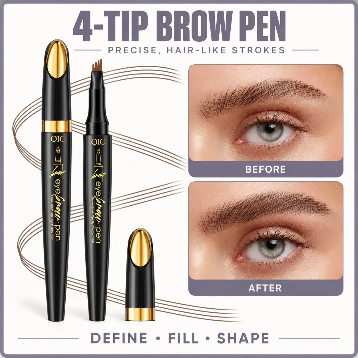 QIC 4-Tip Pen-Shaped Brow Enhancing Eyebrow Pencil – Microblading Effect, Natural-Looking Fine Hair Strokes, Long-Lasting, Smudge-Proof, Quick & Easy Application, Soft Glam, Daily/Party Use, Beginner-Friendly, TikTok Trending Beauty Product