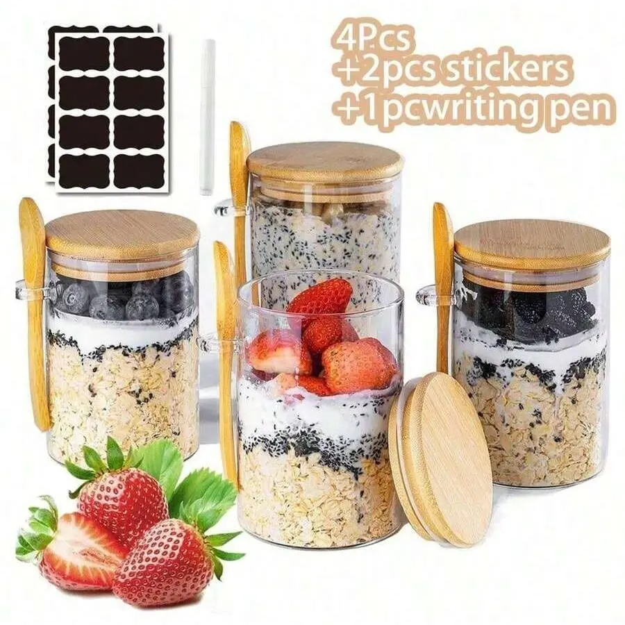 Glass Transparent Food Storage Organizer Containers Set of 4 with Lids and Spoons, Kitchen Overnight Oats Jar with Spoon, Chia Pudding Salad Container, Bamboo Lid Granola Coffee Canister, Clear, Meal Prep Containers
