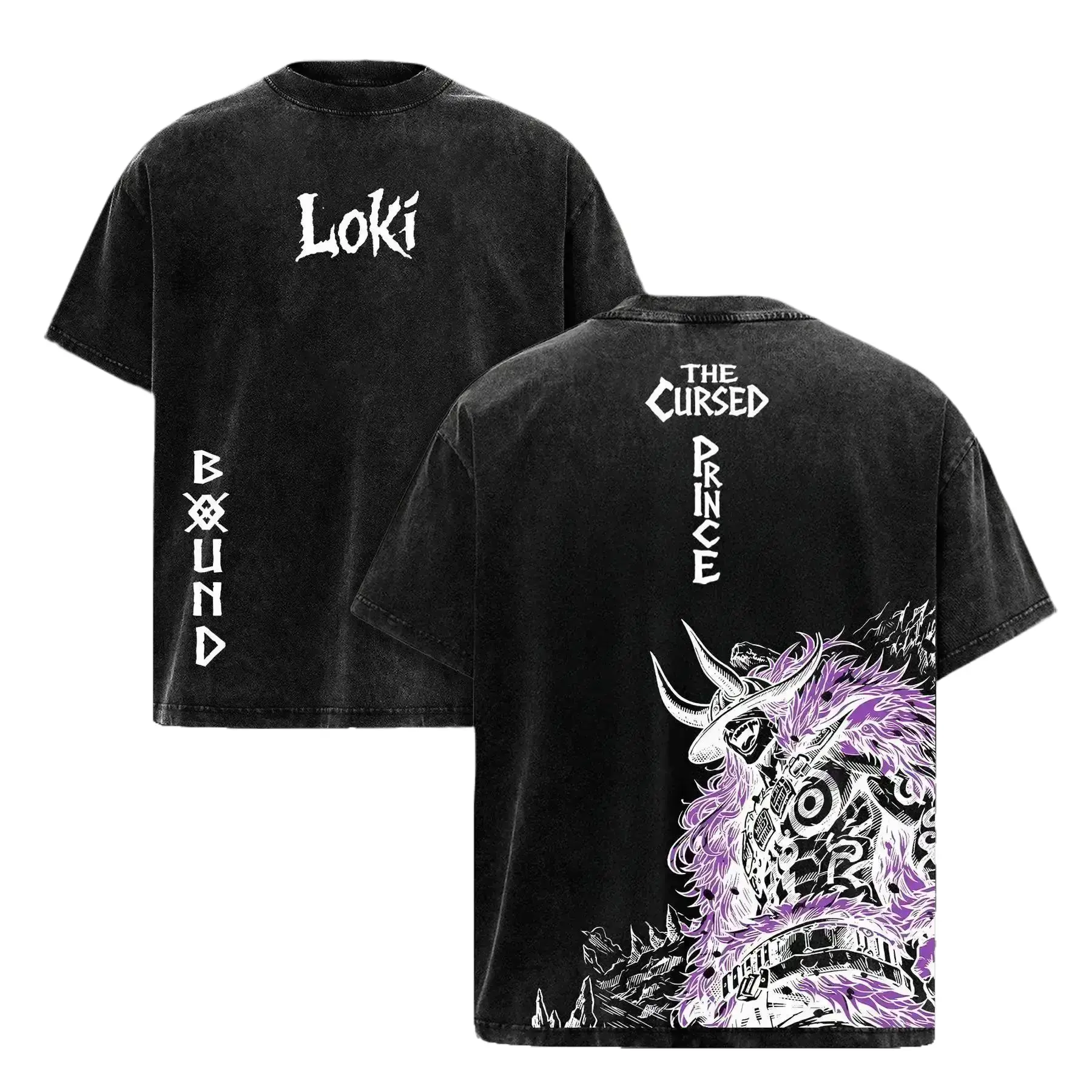 Loki Washed Tshirt - 1 Piece Elbaf Giant Prince Manga Graphic Double-Printed Men's Heavy Cotton Unisex Oversize Vintage Streetwear Short-Sleeve Tee