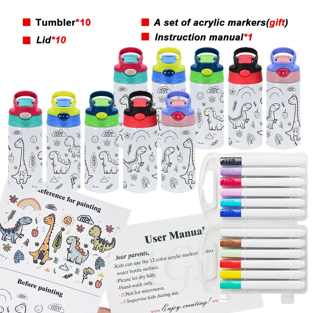 ICESIP 10-Pack 12oz Matte Stainless Steel Tumblers with Portable Flip Handle Lids, 5 Mixed Colors, 12-Color Acrylic Markers, Halloween/Birthday Gift Box (Home & Festive Party Supplies)