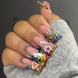 24pcs Gradient Leopard Heart Drill False Nails, Long Square Press-On Nail Stickers, Nail Art Tools, Includes Jelly Glue & File, Perfect for Festive Wear