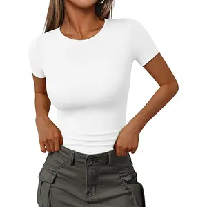 Womens' Stretchy Ribbed Crew Neck Short Sleeve Gym Workout Slim Fitted Casual Top T-Shirt