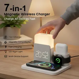 7-in-1 magnetic phone charger wireless charger charging station magnetic portable charger  supports MagSafe fast charging chargers for iphone LED night light clock USB-A/USB-C charger compatible with iPhone/Android/Apple Watch/AirPods mini speaker