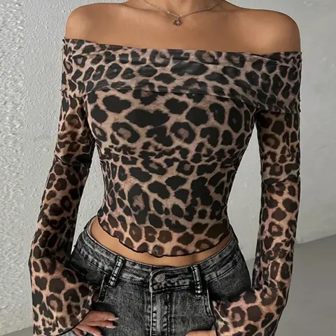 Women's Leopard-Print Mesh Crop Top, Casual Fashion Fitted, Fashion Casual Long Sleeve Top for Spring & Fall, Women's Clothing for Daily Wear Valentine's Day, gift, Shirts, Womenswear
