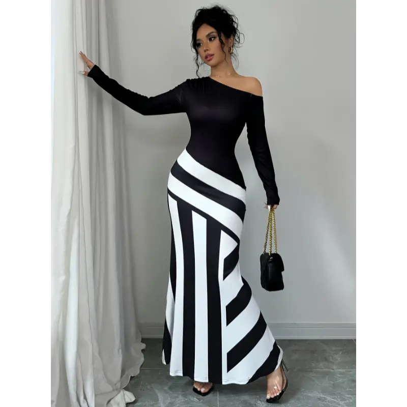 Women's Elegant Off-Shoulder Striped Maxi Dress - Black & White Abstract Print, Long Sleeve, Form-Fitting, Machine Washable, Polyester Blend Casual Collar Fabric Womenswear - TikTok Shop Women's Elegant Off-Shoulder Striped Maxi Dress - Black & White Abstract Print, Long Sleeve, Form-Fitting, Machine Washable, Polyester Blend Casual Collar Fabric Womenswear - TikTok Shop
