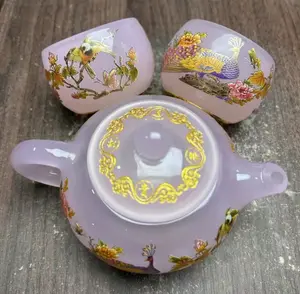 Luminous Pink Teapot Set with Peacock, Floral & Bird Designs (Gold Accents)
