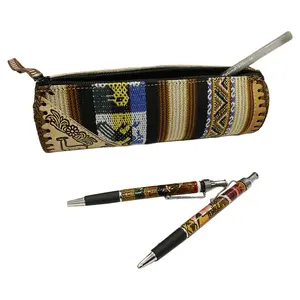 New Peru Cusco Women Textile Fabric Embossed Leather Boho Pencil Case Makeup Bag