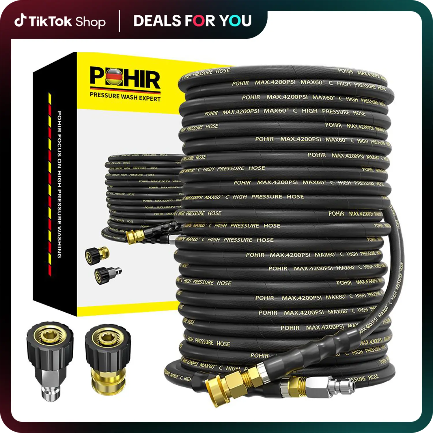 Dealsforyoudays POHIR 1/4" Pressure Washer Hose with 3/8 Inch Quick Connect, Kink Resistant High Tensile Wire Braided,with 2 pcs M22 14mm Adapters, 42