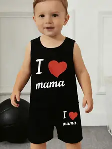 Summer Vest T-Shirt & Shorts Set, Letter Heart Design, Suitable for 6 Months to 3 Years, Outdoor Sports, No Accessories Included