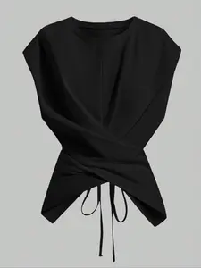 Women's Black Cross Strap Waist-Tight Sleeveless T-Shirt, Round Neck with Padded Shoulders, Slim-Fit Top, Minimalist Waist-Tight Sleeveless Top, Suitable for Daily Commute, Shopping Outfits and Vacation Style, Casual, Womenswear