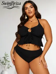 Briza｜Ribbed Halter Cutout Tie Front Black Tankini Swimsuits Set, A Tankini For Women With Ruffle Hem, Plus Size Swimsuits And High Waisted Bathing Suit Bottom, Swimsuits 2 Piece With Swimsuits Tummy Control For Vacation Swimwear For Women