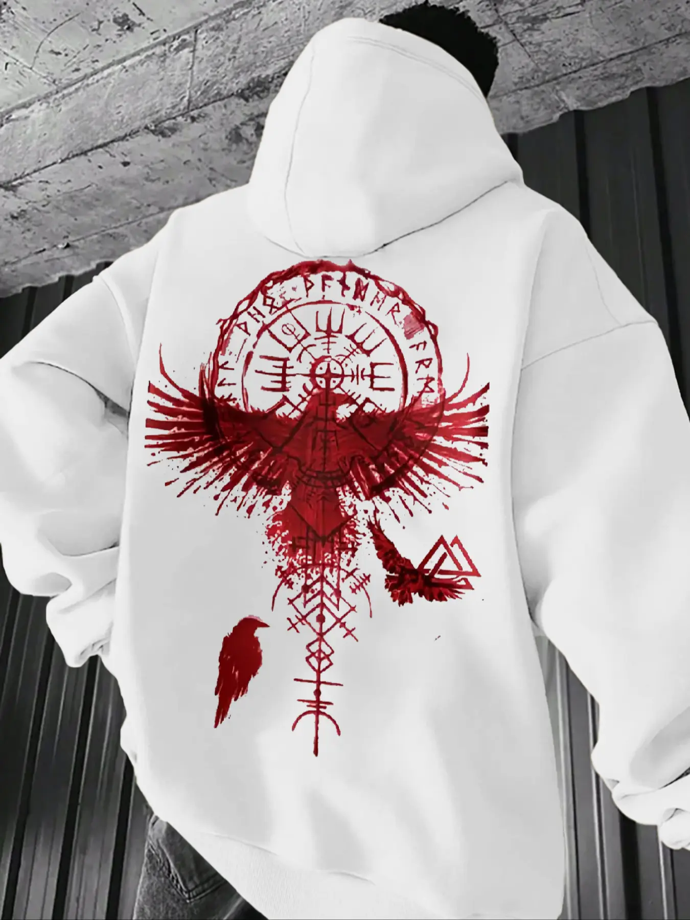 Men's Nordic Mythology, God Bird & Mystery Symbol Print, Comfortable Skin-Friendly Fabric, Casual Fitted Hooded Sweatshirt, Casual Fashion Sweatshirt, Graphic Streetwear Clothing Print Hoodie