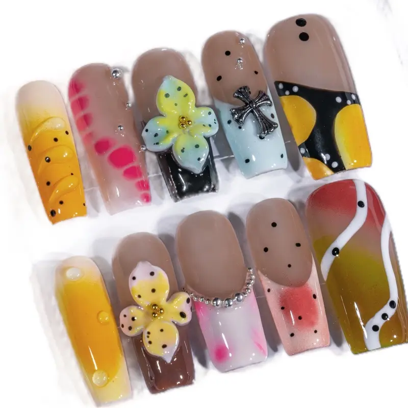 liketete 3D Art Full Press-on Nails - Salon-Quality, Glamorous, Custom Sizing Available, Rhinestone-Adorned Tropical Hibiscus Design for Summer Holiday Vacation Travel