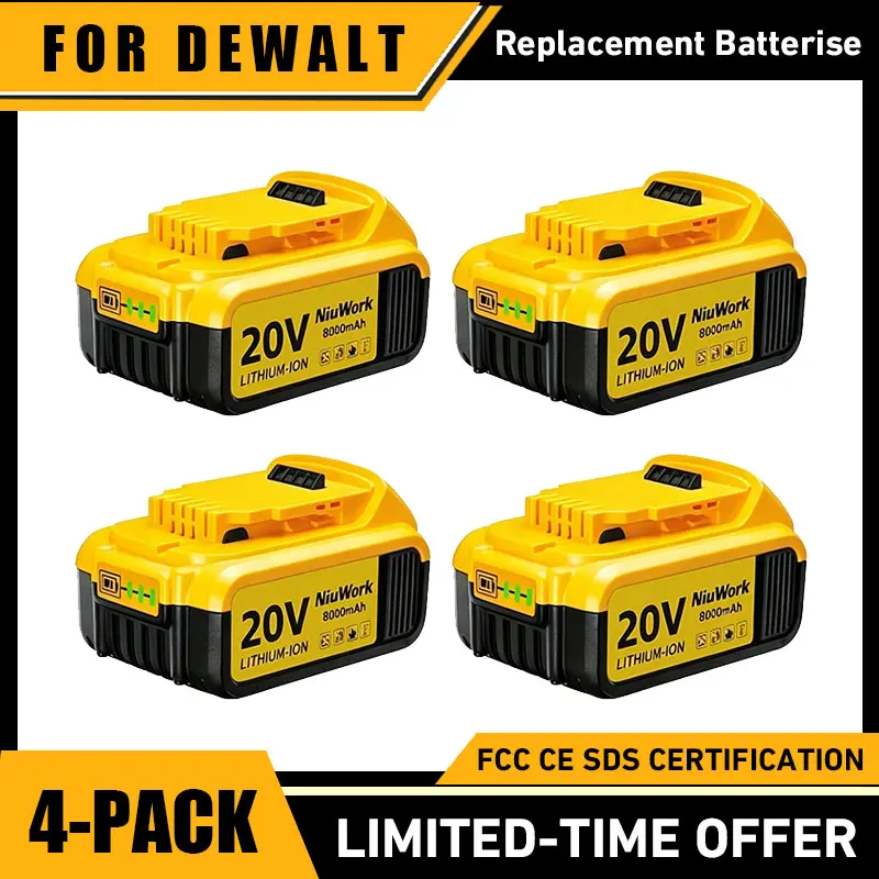 NiuWork 8000mAh 20V MAX Lithium Battery | 2X Longer Runtime for DeWALT Drills, Saws, Blowers (Fits DCB206, DCB204, etc.) toolupgrade Power Tool Batteries Lithium Replacement Batteries