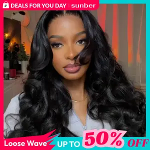 Sunber Loose Wave Layered Cut Slight Yaki Straight 13x4 HD Transparent Lace Front Wigs Pre Bleached Glueless Human Hair Wigs Tiny Knots With Drawstring Ready To Wear Natural Black For Blackwomen Wigs