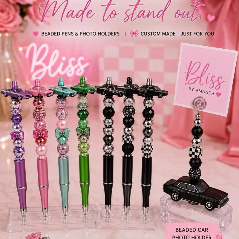 Handmade Beaded Car Collection | Lowrider & Muscle Car Beaded Pens + Beaded Car Photo Holder | Car Lover Gift | Desk Accessories