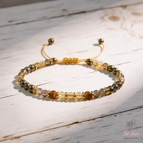 Sofia Golden Energy Natural Crystal Bracelet - Abundance, Protection & Minimalist Design - Citrine, Tiger Eye, Pyrite, Smoky Quartz Beaded Jewelry, Bracelets