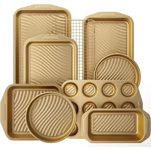 HONGBAKE 9-Piece Nonstick Bakeware Set, Wave Texture for Easy Release, 0.8mm Thick Non-Toxic Baking Pans Set, Includes Stackable Cookie Sheets, Antique Gold