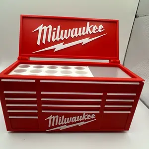 Milwaukee Inspired Workbench Pen Holder - Desk Organizer with Red Finish and Charging Port, Ideal for Home or Office Use