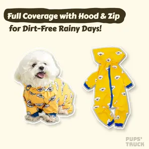 Pups' Truck Pet Raincoat - Waterproof Jacket with Hair Net Hood & Easy-wear Zip for Dirt-Free Rainy Days Full Coverage Yellow Design