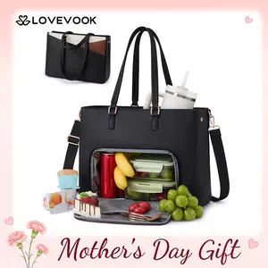 LOVEVOOK Lunch Tote Bag for Women,3 in 1 Work Bag with Leakproof Cooler Compartment, 15.6inch Laptop Bag with Large Cup Holder for Office, College, Casual, Beige-black-brown