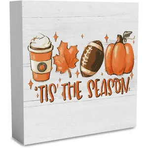 Rustic Tis' the Season Pumpkin Wood Box Sign, Farmhouse Retro Fall Artwork Decor, Autumn Harvest Thanksgiving Wooden Square Sign Desk Block Signs Home Shelf Office Decoration 5 x 5 Inches