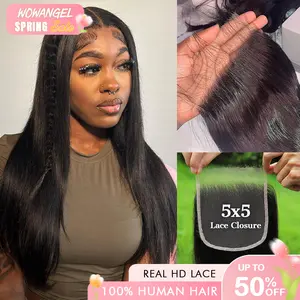 WOWANGEL 5X5 HD Lace Closure Human Hair Pre Plucked Natural Hairline Bleached Knots Straight Body Wave Spring Sale