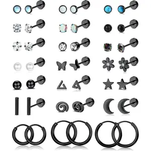 FIASASO 21-Pair 20G Small Stud Earrings for Women, Silver/Gold Plated, Colorful CZs, Geometric Mix, Flat-Back, Screw-Back & Hoop Earrings for Cartilage Ears, Daily Wear