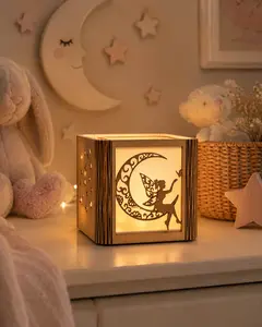 Fairy Moon & Stars Wooden Tea Light Holder, Cozy Girls' Room Home Decor Candle Holder