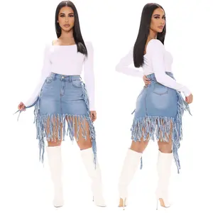 Womens High Waist Asymmetric Raw Hem Fringe Bodycon Mini Denim Skirt Flowy High Low Tassel Denim A-Line Skirt