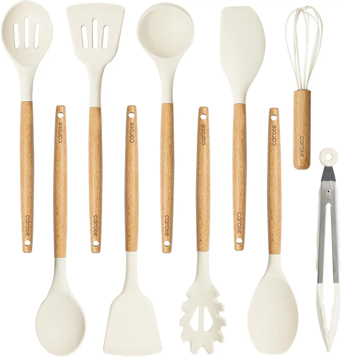 CAROTE 10-Piece Kitchen Utensils Set with Wood Cool-Touch Handles, Cream | Silicone Cooking Utensil, Food Grade, Nonstick Cookware Friendly, BPA-Free, Heat-Resistant, Everyday Home Essentials, Gifts