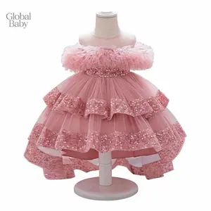 Global Baby Kids Girls Tulle Ball Gown Shiny Sequins Round Neck High Low  Sequined Beads Old Girls Spring Clothes Classy Fluffy Gauze Birthday Dress Party Dresses for Birthday Wedding