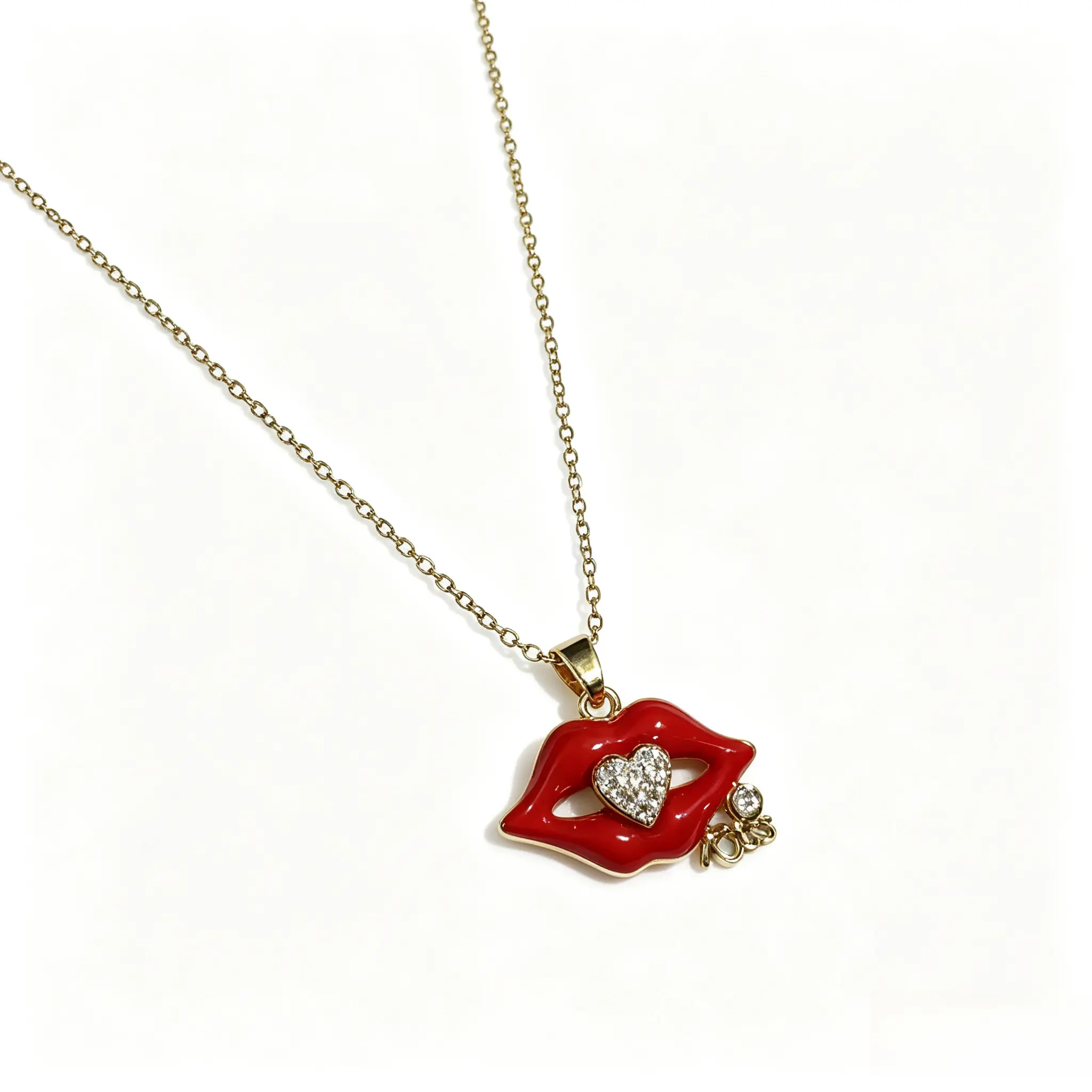 Red Lips Pendant Necklace with Kiss & Heart Charms for Female | High-quality Gold-plated chain, Hypoallergenic & Tarnish-Resistant, Daily