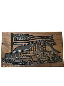 Black Walnut Carved Plaque with Barn and Truck Design for Rustic Home Decor 24" x 14"