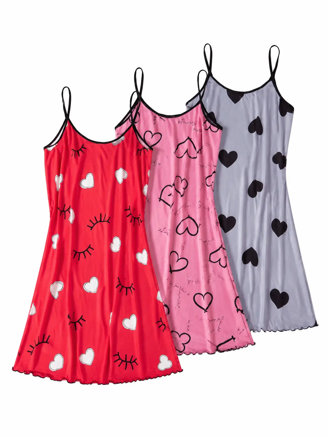 Women's Plus Size 3-Pack Lightweight Feminine Heart Print Sleeveless Camisole Nightgown Dress Set - Casual Everyday Day Sleep & Loungewear Style
